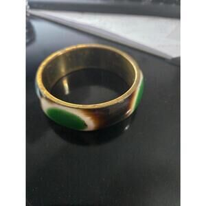Vintage Artisan Bangle Bracelet Green Inlay Abstract Design Boho Statement Jewel